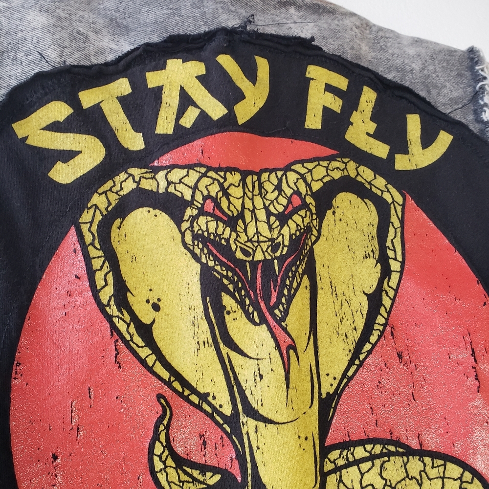 Handmade OOAK Grey Denim Jean Crop Acid Wash Vest Cobra Outlaw + Skull Skates - Picture 3 of 15
